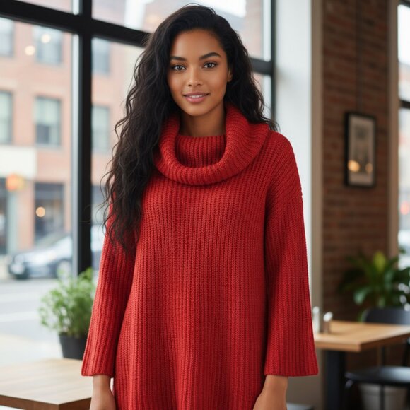BB Dakota Red Chunky Chain Stitch Turtleneck Tunic Sweater Size Large - Picture 1 of 6
